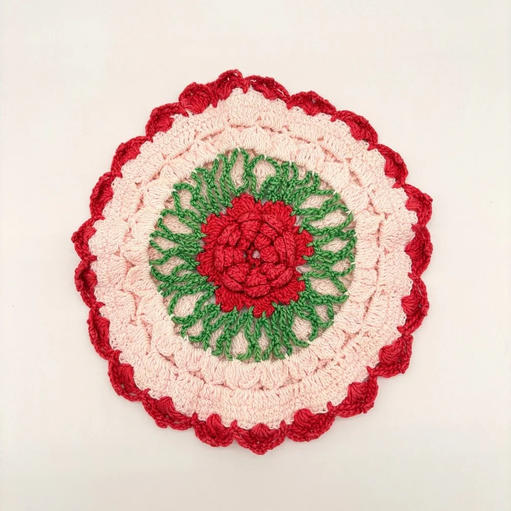 Handmade Crochet Rose Doily Pink Red Green Floral Cottagecore Table Decor
